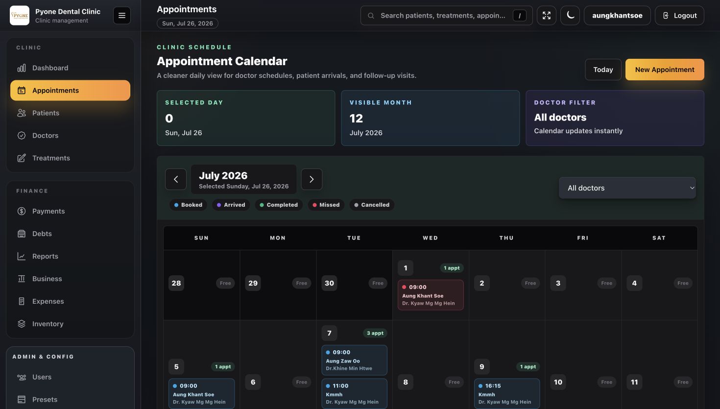 Live dark mode appointment calendar