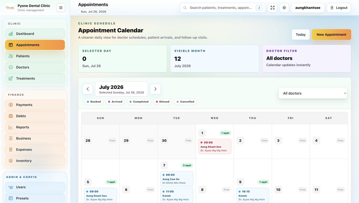 Live light mode monthly appointment calendar with doctor filters and color-coded appointment statuses