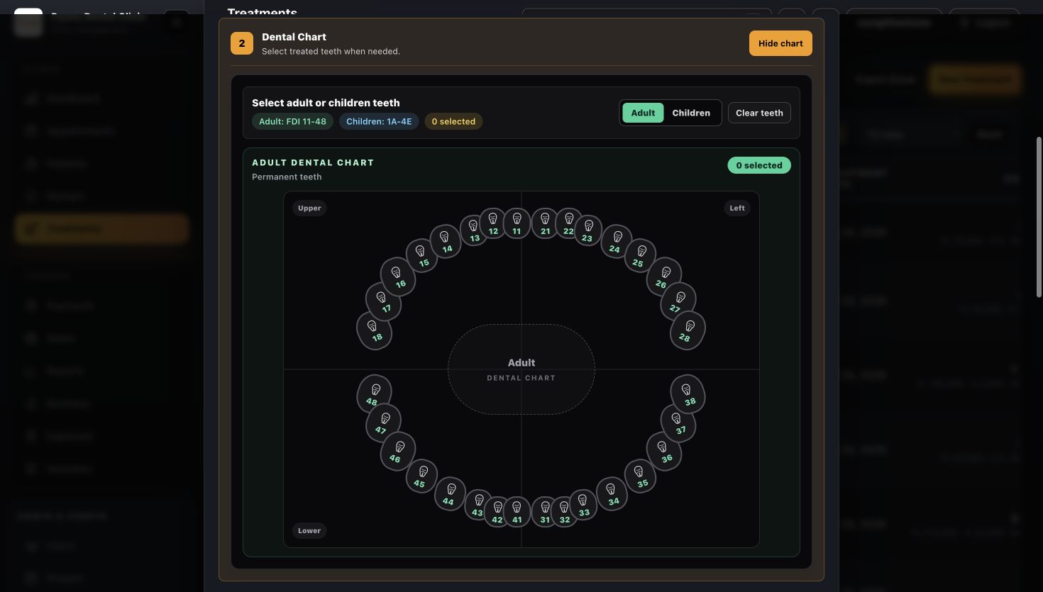 Live dark mode interactive adult dental chart