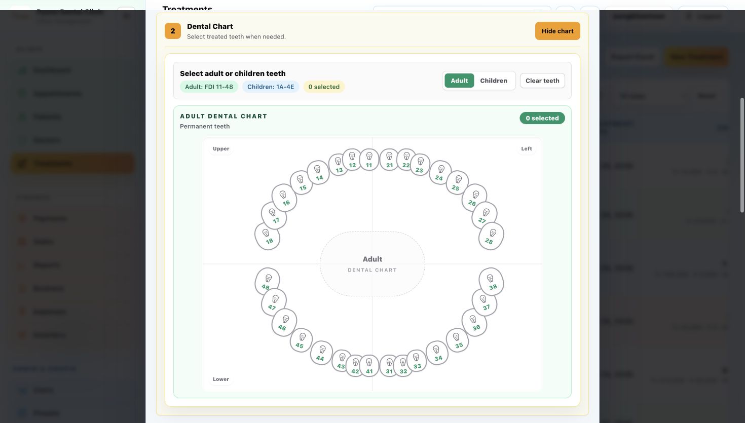 Live interactive adult dental chart with FDI tooth numbering